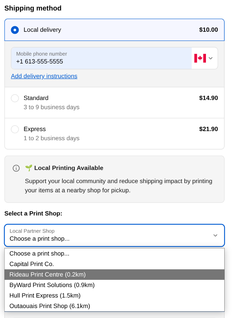 Screenshot showing Shopify extension that displays local delivery available with options to choose a nearby print shop